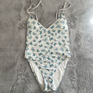 PINK Victoria's Secret White and Blue Butterfly One Piece Swimsuit